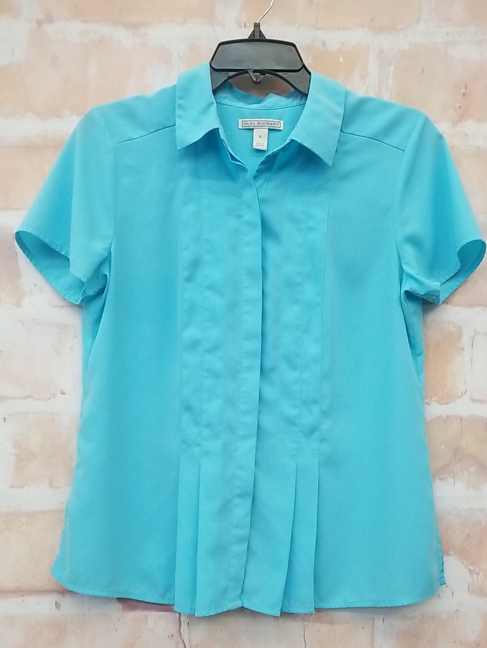 Dana Buchman Blue Pleated Short-Sleeve Button-Down Shirt Size S